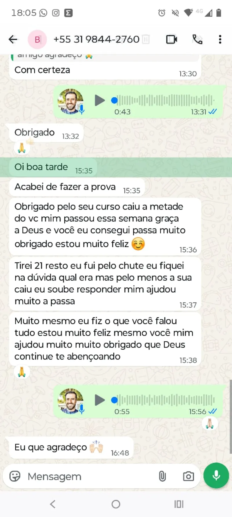 Conversa de WhatsApp de aluna aprovada agradecendo o curso