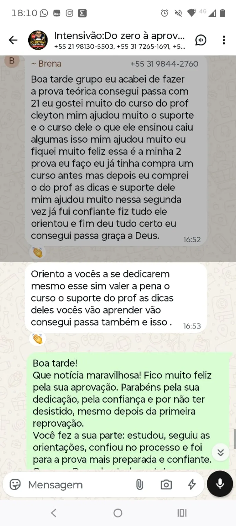 Mensagem no grupo: aluna conta que conseguiu passar na prova teórica